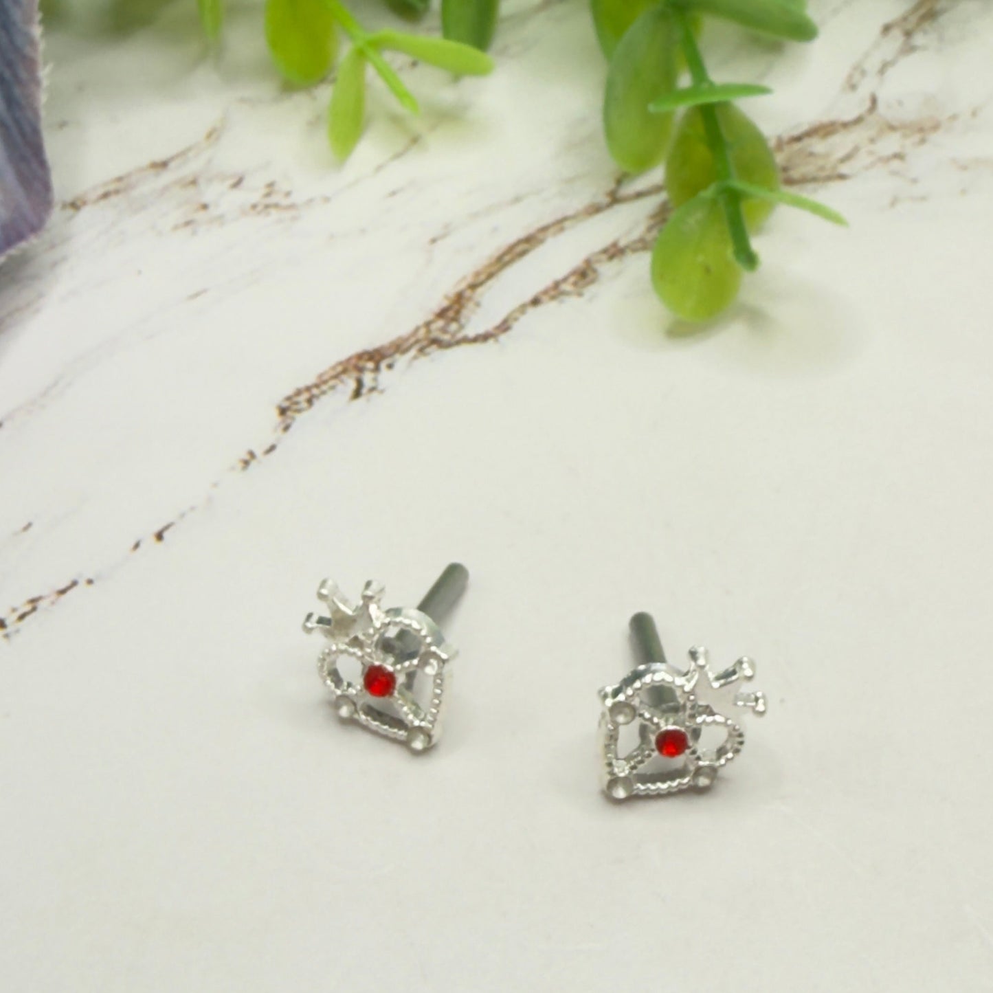 Silver Heart w/ Crown Red Rhinestone Post Doll Earrings • 2mm Post for 18 Inch Fashion Doll