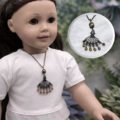 Bronze Fan Design Brown Bead Dangle Pendant Doll Necklace • 18 inch Doll Jewelry