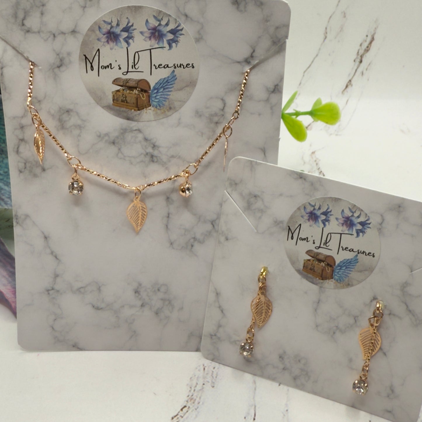 Gold Leaf Clear Rhinestone Dangles Gold Doll Necklace & Earrings • 16 Inch Fashion Doll Jewelry