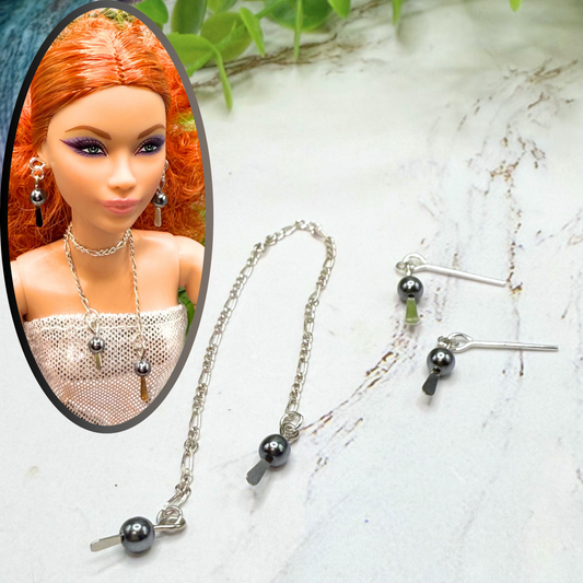 Gray Metallic and Silver Chain Wrap Style Necklace & Earrings Set • 10-12” 1:6 Fashion Doll Jewelry