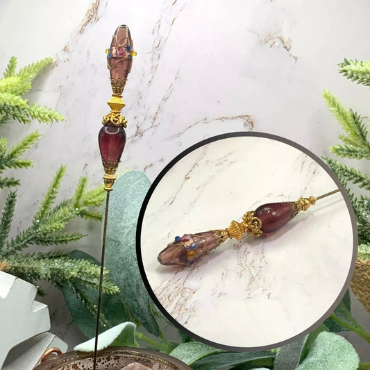 Purple Glass Teardrop Gold Swirl Design Filigree - 8” Pin • Hatpin - Stick Pin