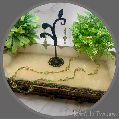 Handmade Pink Green Translucent Glass Crystal Beaded Necklace Earrings Set