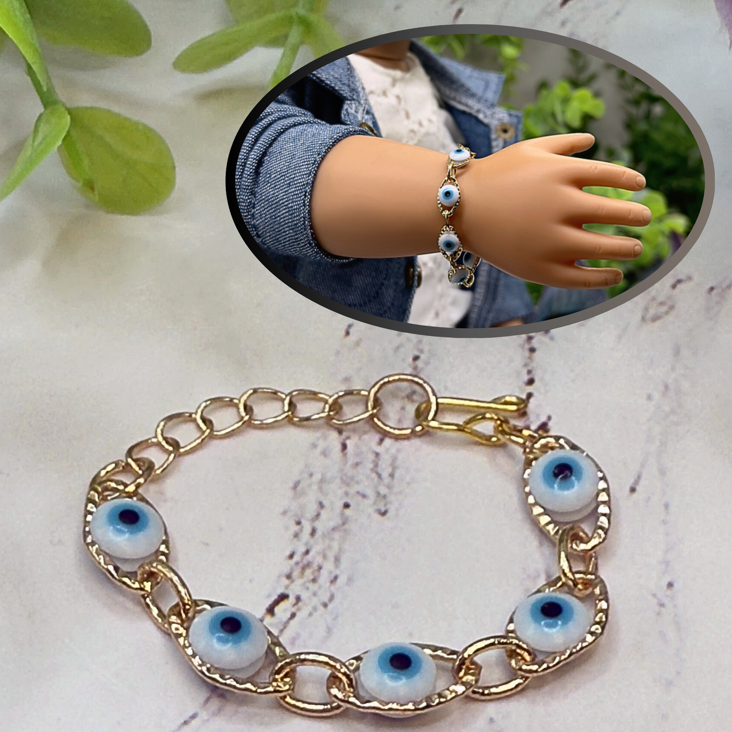 Blue Evil Eye Good Luck Gold Link Doll Bracelet • 18 Inch Fashion Doll Jewelry