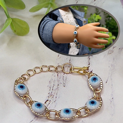 Blue Evil Eye Good Luck Gold Link Doll Bracelet • 18 Inch Fashion Doll Jewelry