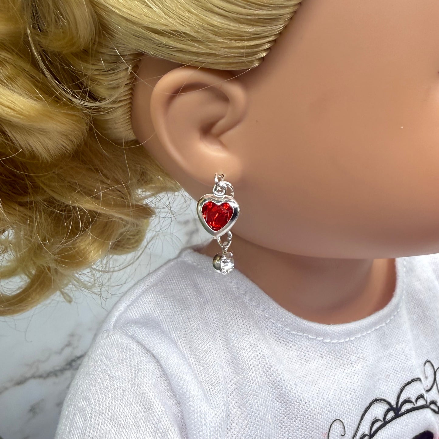 Red Heart & Clear Rhinestone Dangle Doll Earrings • 18 Inch Fashion Doll Jewelry