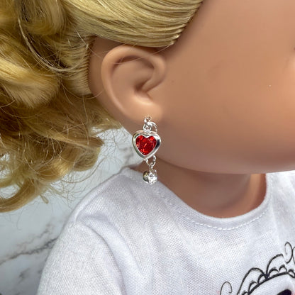 Red Heart & Clear Rhinestone Dangle Doll Earrings • 18 Inch Fashion Doll Jewelry