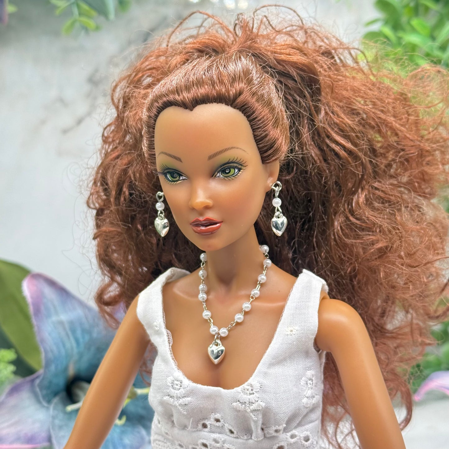 Pearl Beaded Silver Heart Charm Doll Necklace & Earrings • 16 Inch Fashion Doll Jewelry