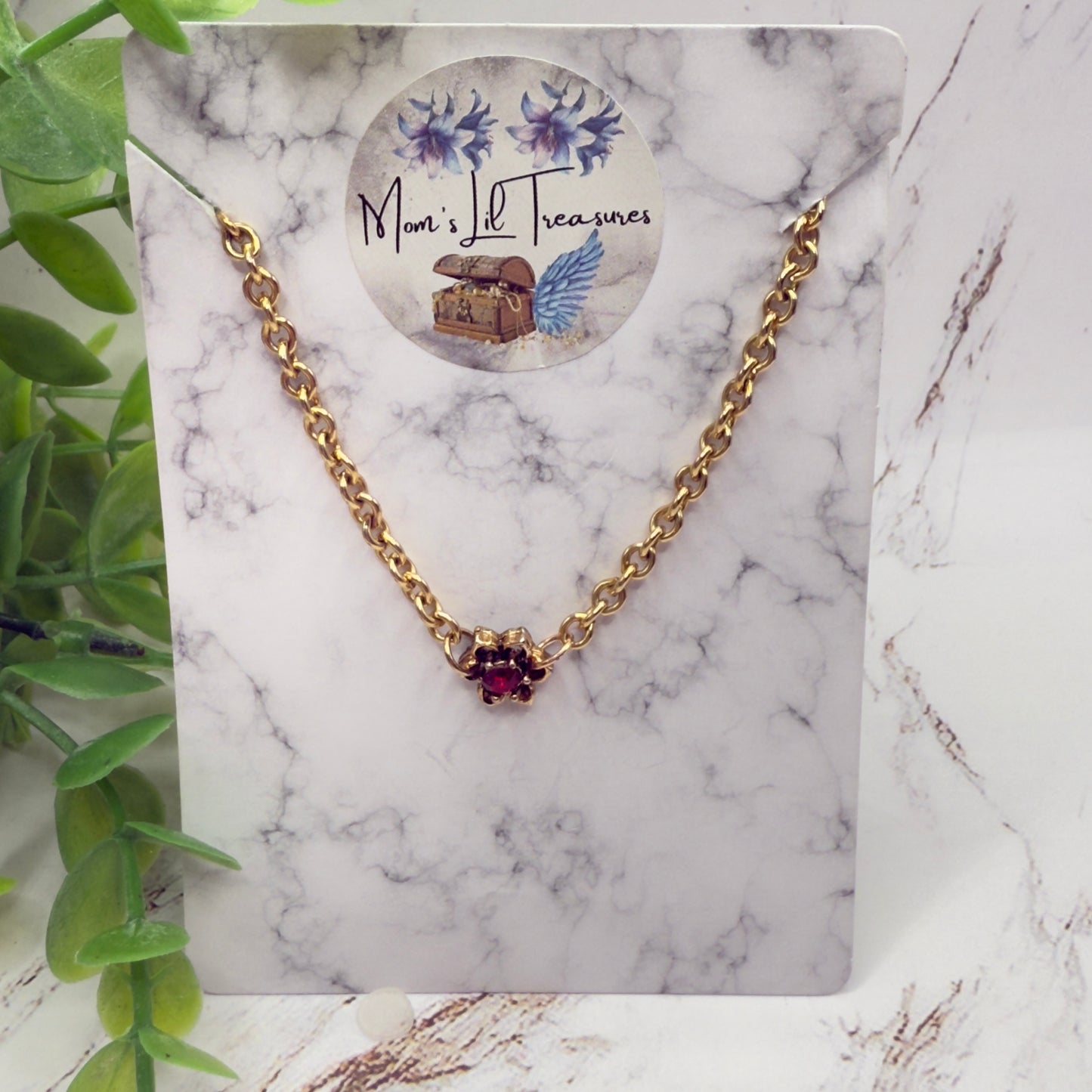 Red Rhinestone Flower Charm Gold Chain Doll Necklace • 18 Inch Doll Jewelry