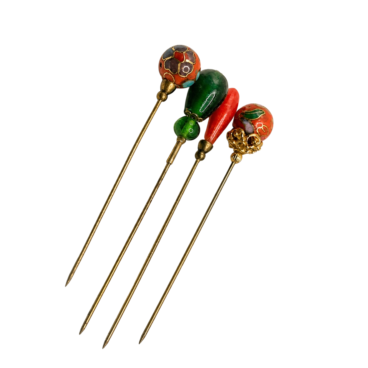 Green Orange Glass Flower Cloisonné Set of 4 • Stick Pins, Hatpins Gifts for Her