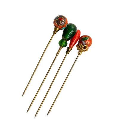 Green Orange Glass Flower Cloisonné Set of 4 • Stick Pins, Hatpins Gifts for Her