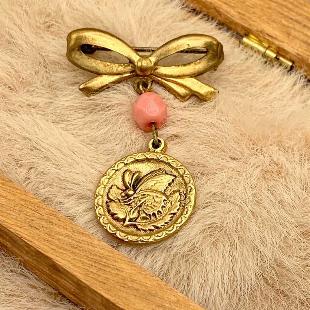 Gold Tone Bow Pin Pink Bead Gold Butterfly Flower Design Dangle • Doll Brooch