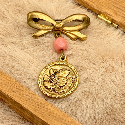 Gold Tone Bow Pin Pink Bead Gold Butterfly Flower Design Dangle • Doll Brooch