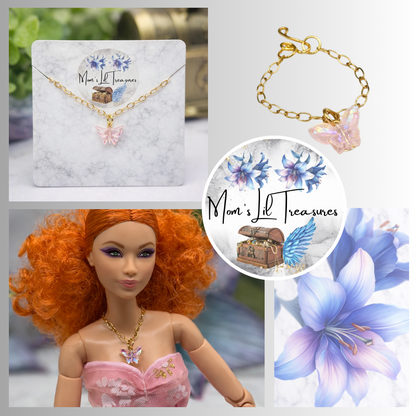 Light Pink Acrylic Butterfly Charm Gold Doll Necklace for 10-12 Inch Fashion Dolls 1:6