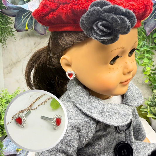 Red Rhinestone Heart Silver Post Doll Earrings • 2mm Post for 18 Inch Fashion Doll