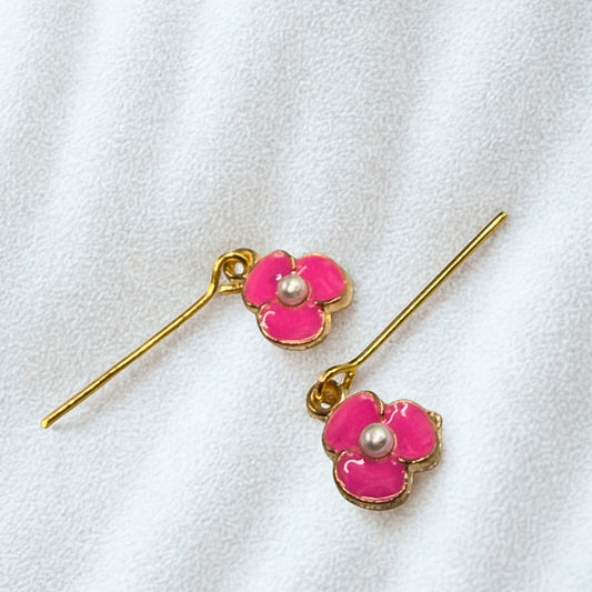 Vibrant Pink Enamel Inlay Flower Pearl Center Dangle Doll Earrings • 18 Inch Fashion Doll Jewelry