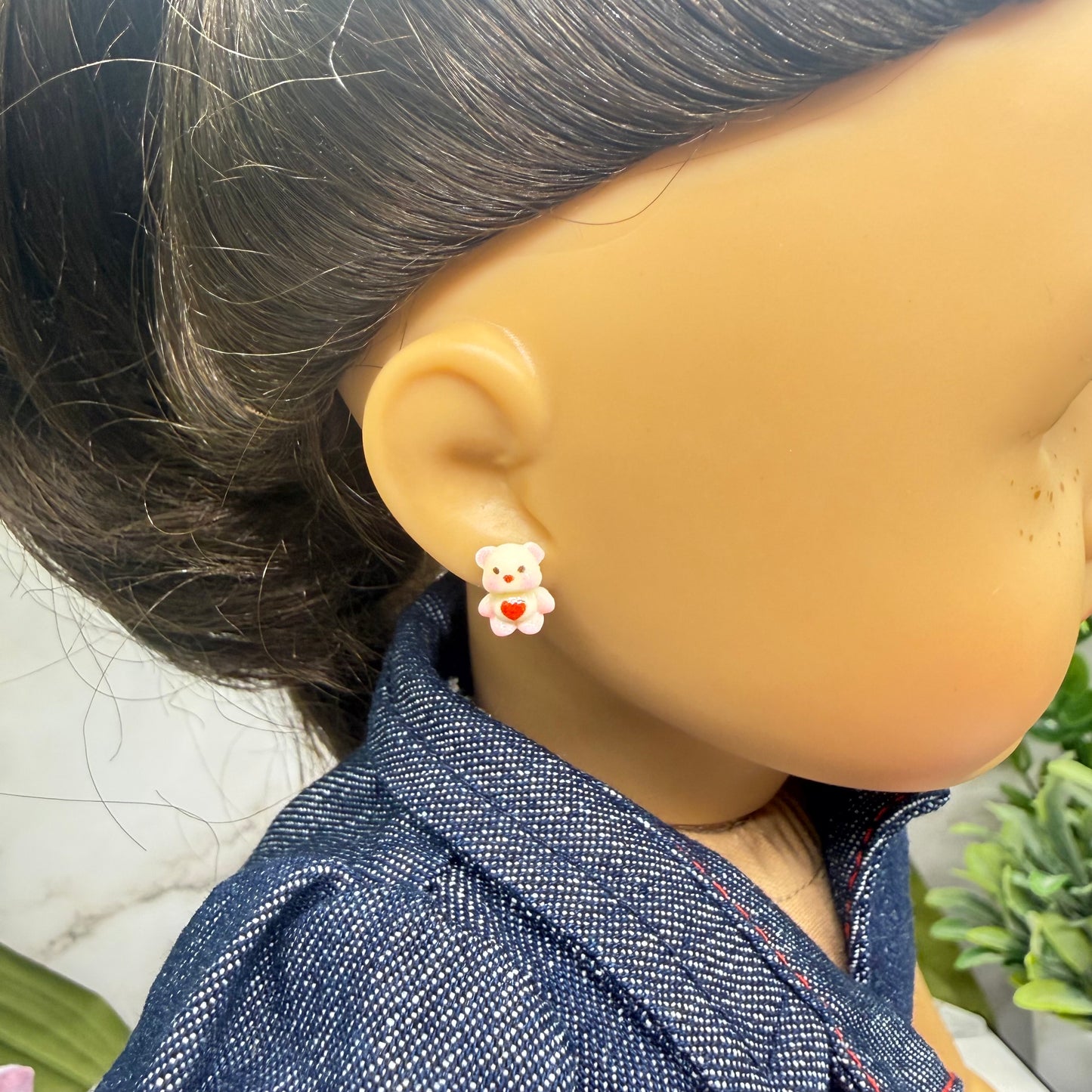Teddy Bear Red Heart Post Doll Earrings • 2mm Post for 18 Inch Fashion Doll