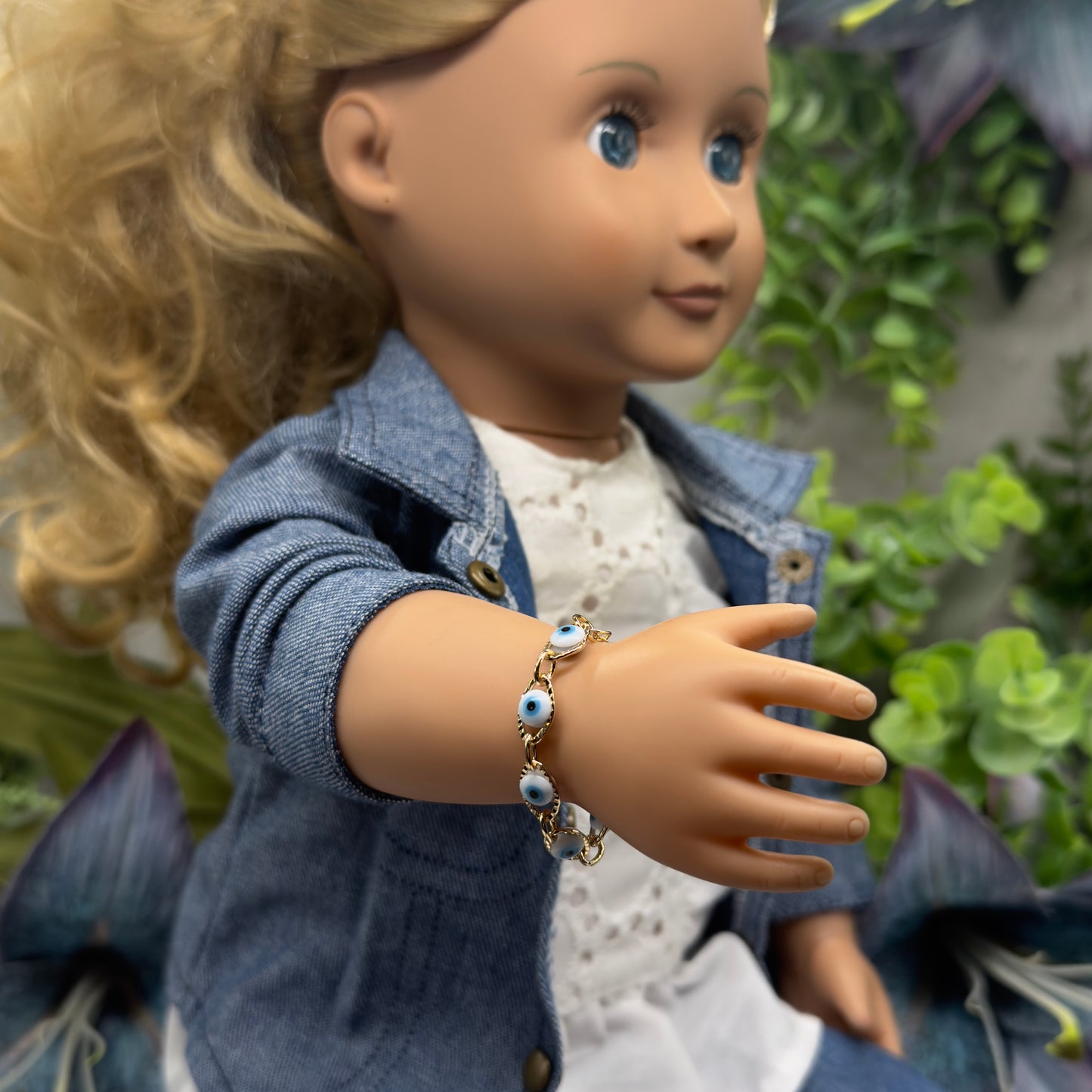 Blue Evil Eye Good Luck Gold Link Doll Bracelet • 18 Inch Fashion Doll Jewelry