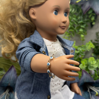 Blue Evil Eye Good Luck Gold Link Doll Bracelet • 18 Inch Fashion Doll Jewelry