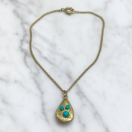 Gold Turquoise Accent Teardrop Locket Doll Necklace • 18” Fashion Doll Jewelry