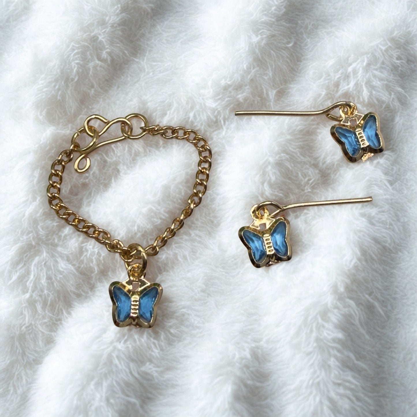 Blue Crystal Butterfly Charm Gold Chain Doll Necklace & Earrings • 10-12 Inch Fashion Doll Jewelry 1:6