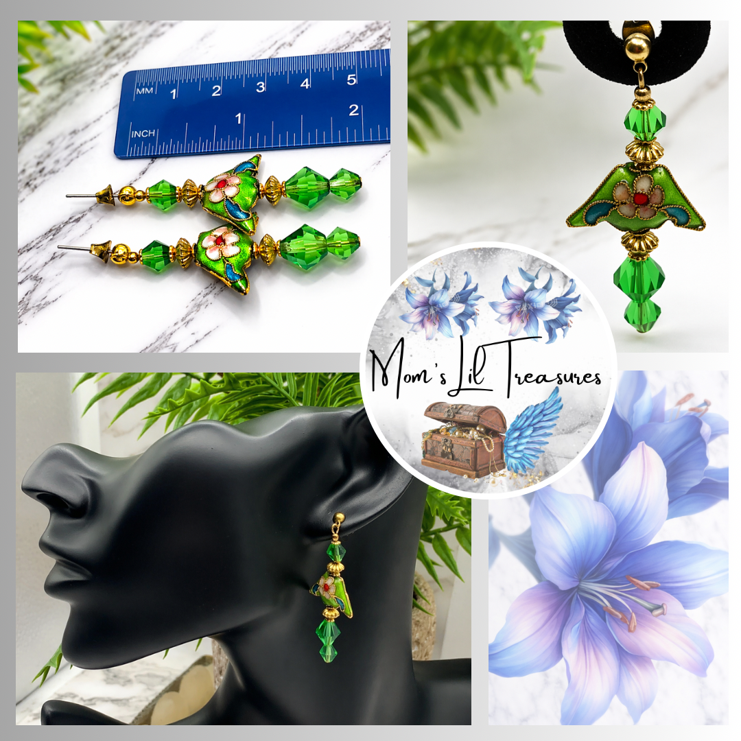 Fashion Green Crystal & Cloisonné Gold Tone Dangle Earrings - Post- Handmade