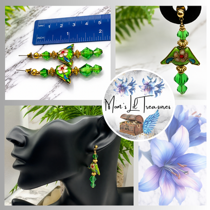 Fashion Green Crystal & Cloisonné Gold Tone Dangle Earrings - Post- Handmade