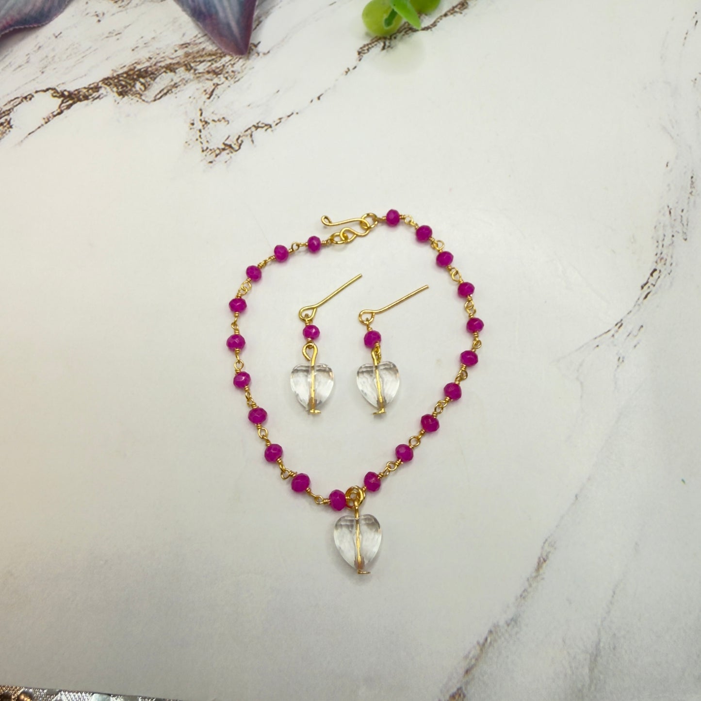 Fuchsia Pink Glass Crystal Bead Chain Clear Heart Charm Doll Necklace & Earrings • 18 Inch Fashion Doll Jewelry