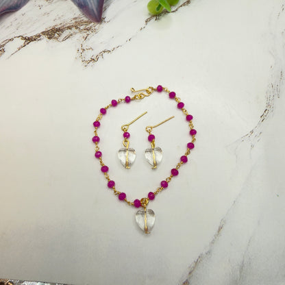 Fuchsia Pink Glass Crystal Bead Chain Clear Heart Charm Doll Necklace & Earrings • 18 Inch Fashion Doll Jewelry