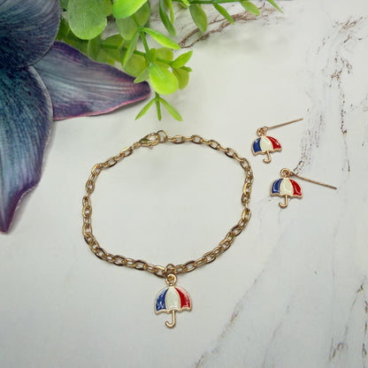 Red White Blue Patriotic Umbrella Charm Doll Necklace & Earrings for 18 Inch Fashion Doll