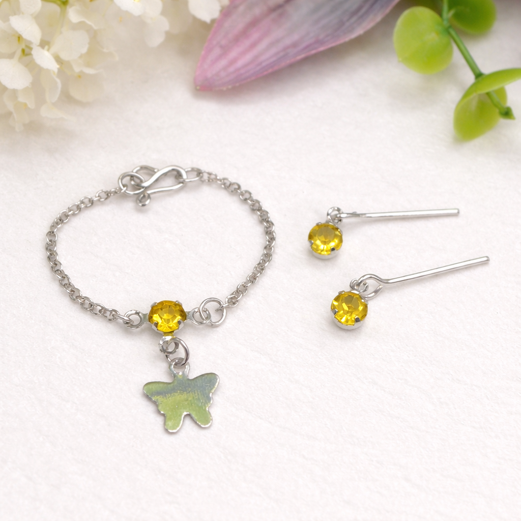 Silver Butterfly Yellow Rhinestone Charm Doll Necklace & Earrings • 10-12 Inch Fashion Doll Jewelry 1:6