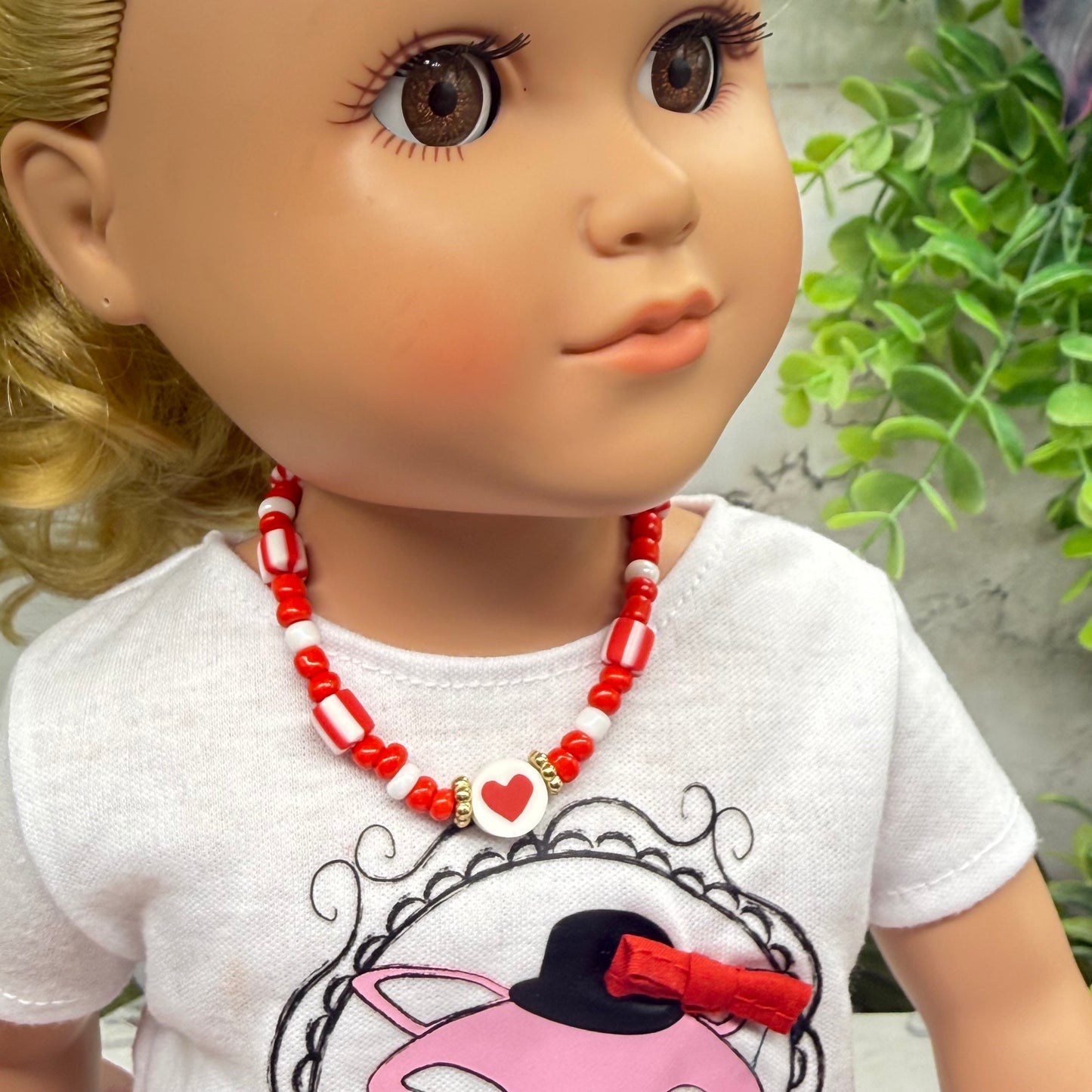 Red White Beaded Heart Valentine’s Day Doll Necklace • 18 Inch Fashion Doll Jewelry