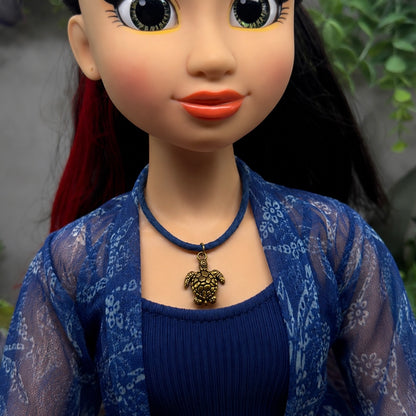 Gold Turtle Charm Blue Fabric Cord Doll Necklace • 18 Inch Fashion Doll Jewelry
