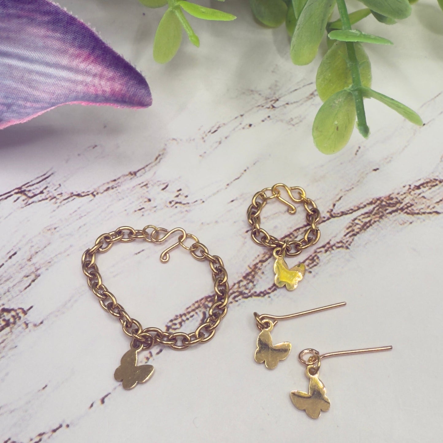 Butterfly Charm Gold Necklace Earrings Bracelet Set • 16 Inch Fashion Doll Jewelry