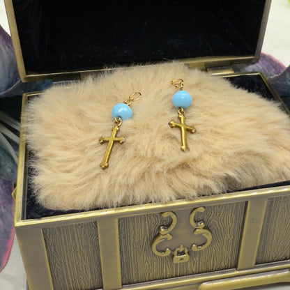 Gold Cross Blue Glass Doll Earring DANGLE ONLY • 18” Fashion Doll Jewelry