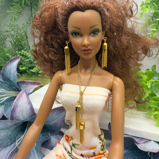 Gold Chain Tassel Wrap Doll Necklace Earring Set • 16 Inch Doll Jewelry