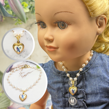 Blue Bird Design Gold Heart Charm Pearl Beaded Doll Necklace • 18 Inch Fashion Doll Jewelry