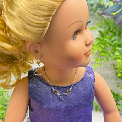 Amber Yellow Crystal Silver OpenHeart Charm Doll Necklace & Earrings • 18 Inch Fashion Doll Jewelry