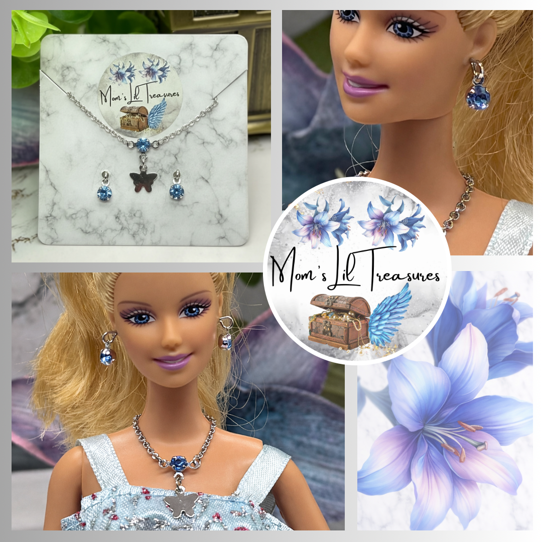 Blue Rhinestone Silver Butterfly Charm Doll Necklace & Earrings for 10-12 Inch Fashion Dolls 1:6