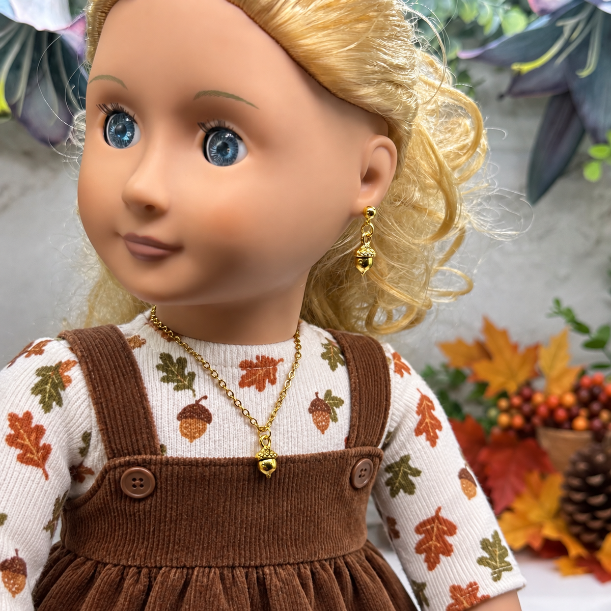 Acorn Harvest Autumn Charm Gold Doll Necklace and Earrings Set | for 18 Inch Fashion Doll