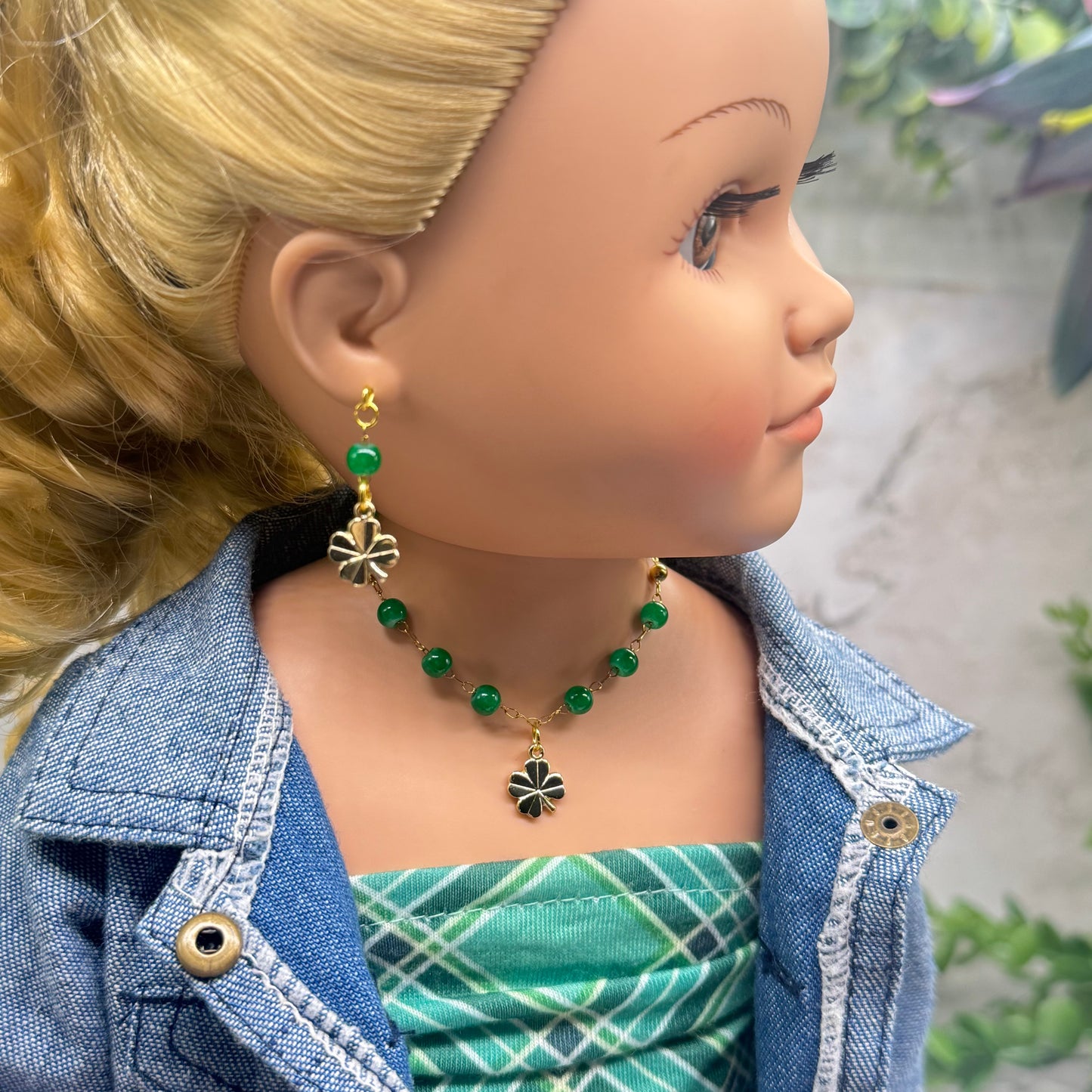 Green Beaded Chain Gold Clover Charm Doll Necklace & Earrings • 18 Inch Fashion Doll Jewelry