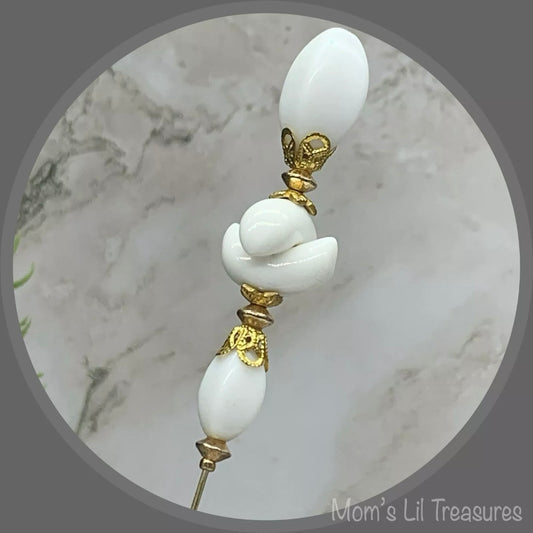 White Glass - Gold Tone  Filigree -  8” Pin • Hatpin - Stick Pin