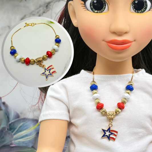Red White Blue Gold Beaded Americana Star Charm Doll Necklace for 18 Inch Fashion Doll