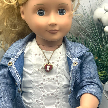 Burgundy Red Heart Cameo Locket Gold Chain Doll Necklace • 18” Doll Jewelry