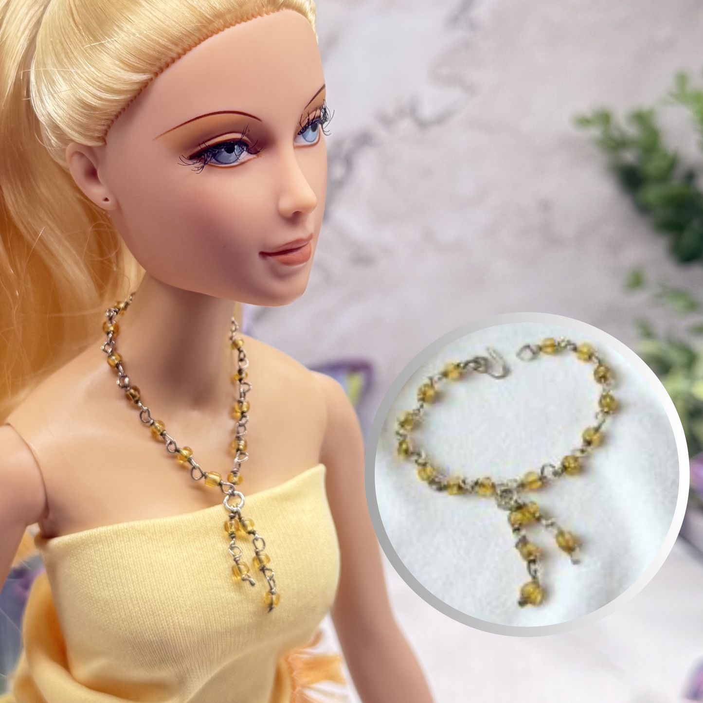 Golden Yellow Beaded Tassel Style Doll Necklace • 16 Inch Fashion Doll Jewelry
