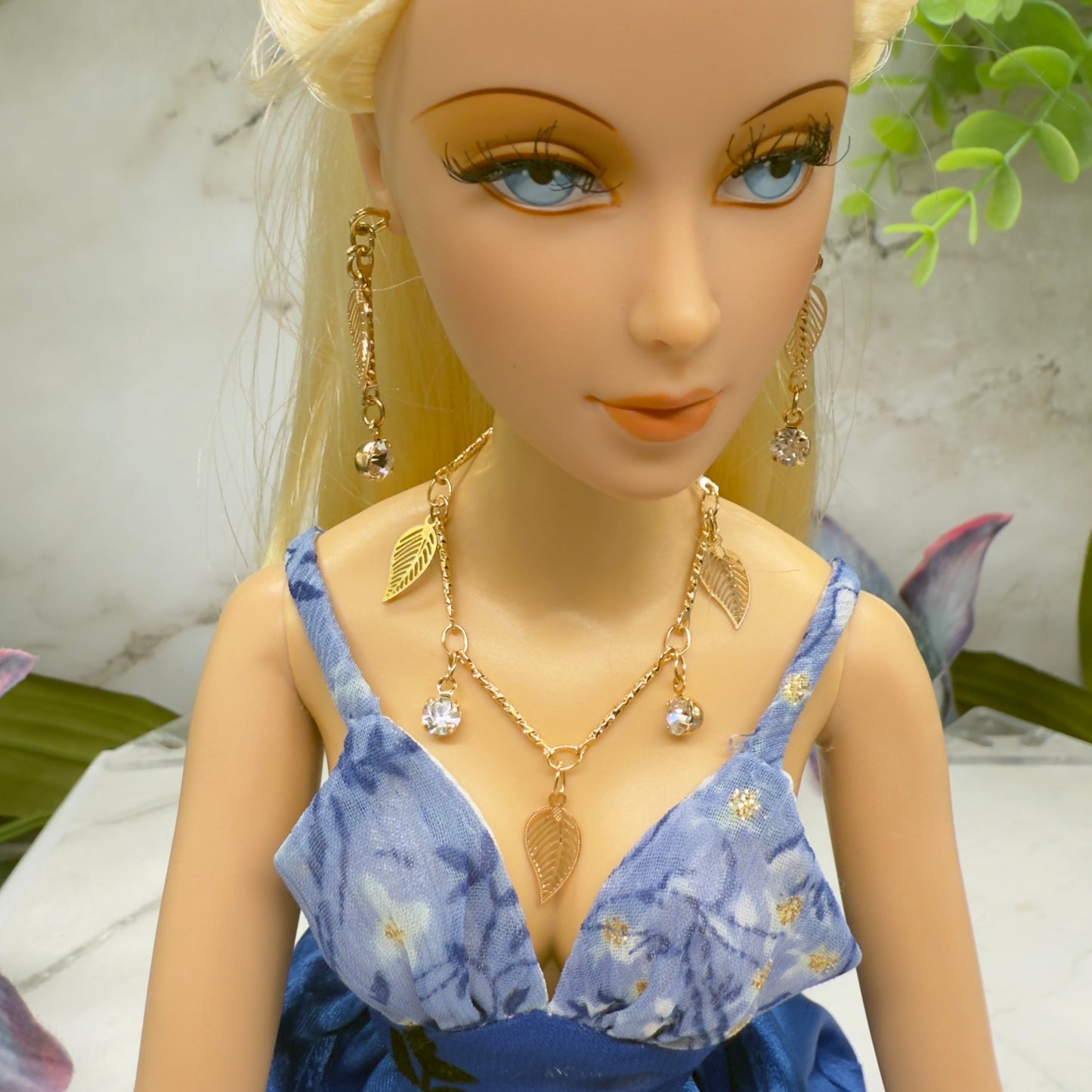 Gold Leaf Clear Rhinestone Dangles Gold Doll Necklace & Earrings • 16 Inch Fashion Doll Jewelry