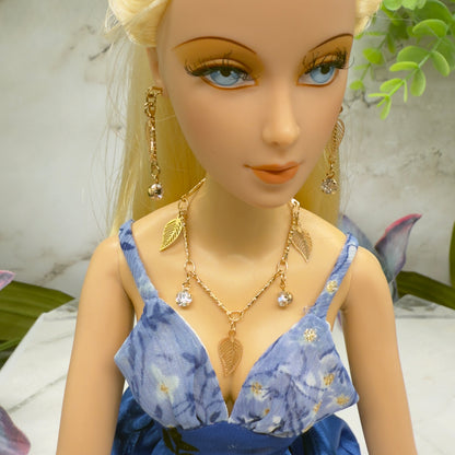 Gold Leaf Clear Rhinestone Dangles Gold Doll Necklace & Earrings • 16 Inch Fashion Doll Jewelry