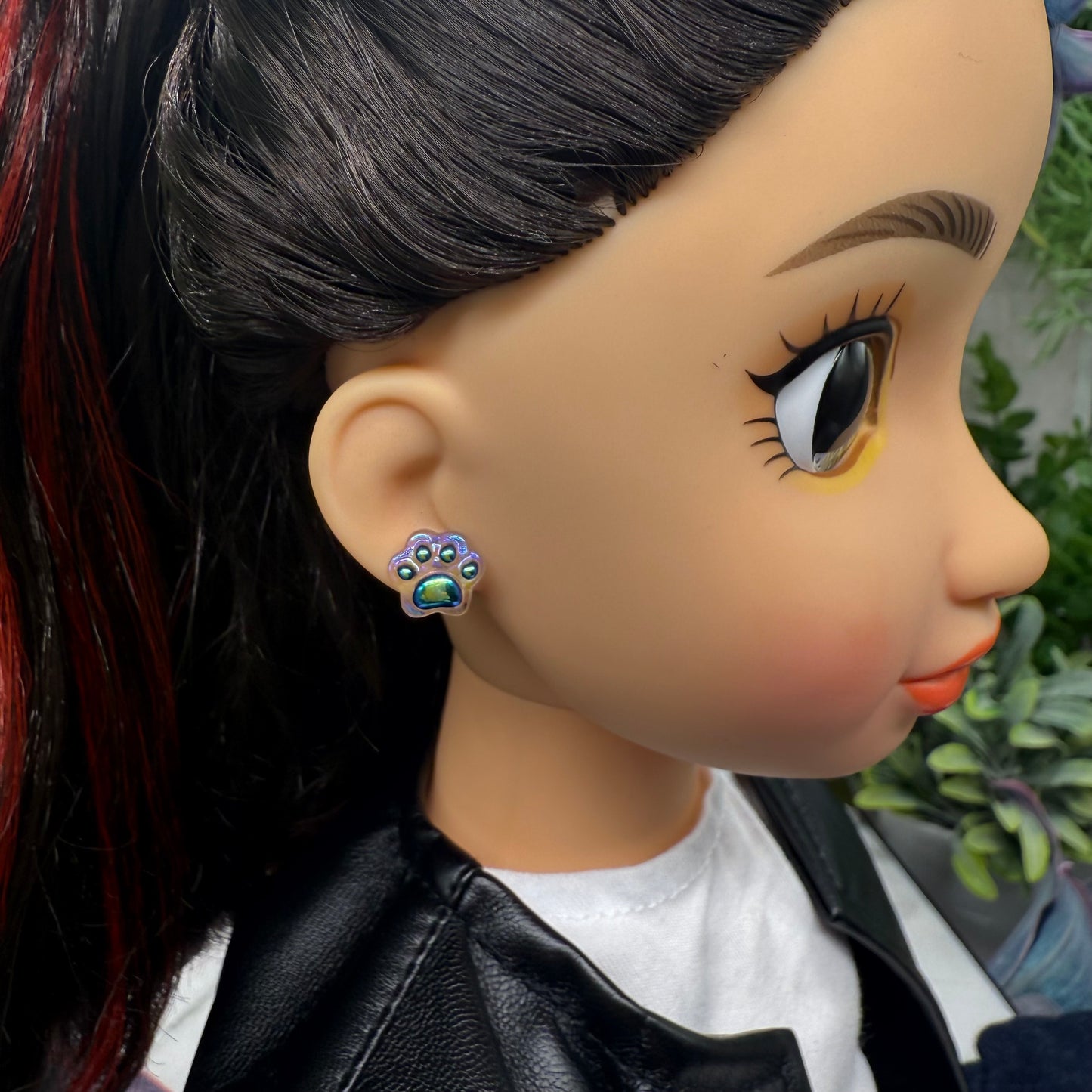 Dark Blue Iridescent Acrylic Paw Print Doll Earrings • 18 Inch Fashion Doll Jewelry