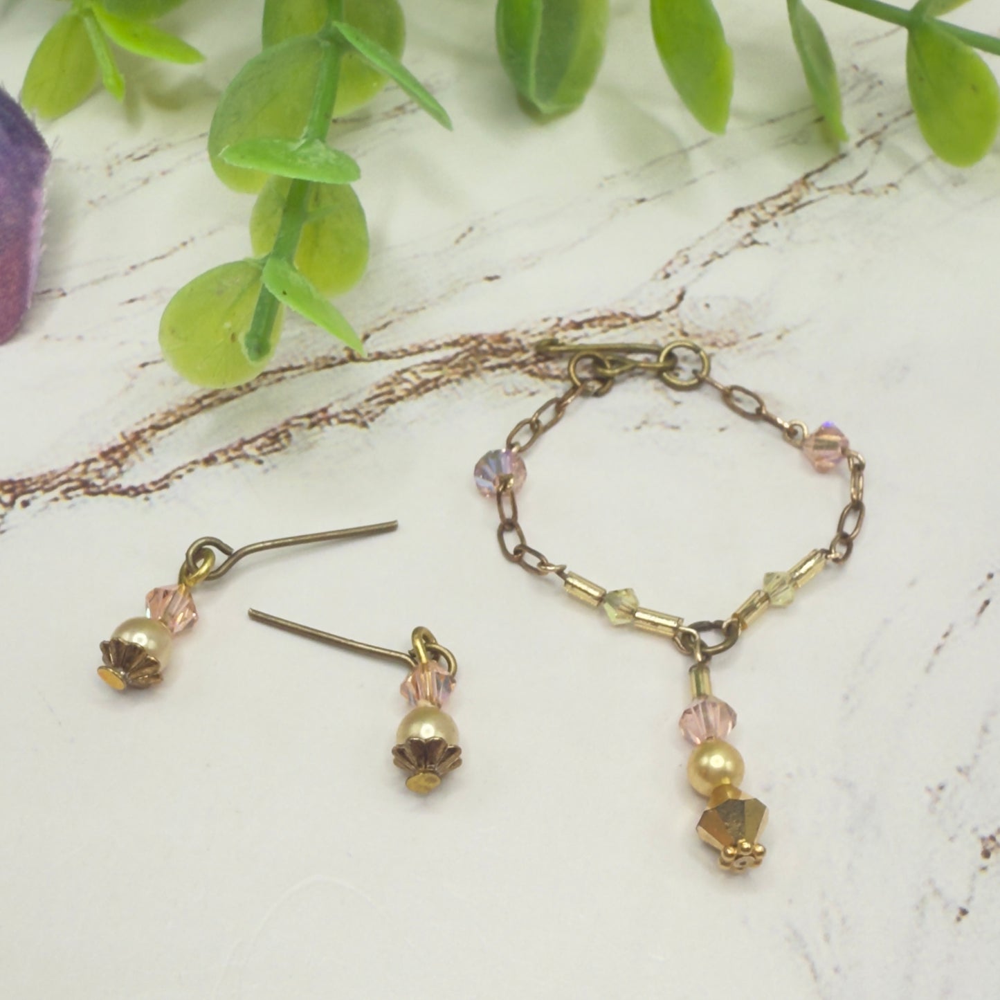 Pink Crystal Pearl Gold Y-Drop Doll Necklace & Earrings • 16 Inch Fashion Doll Jewelry