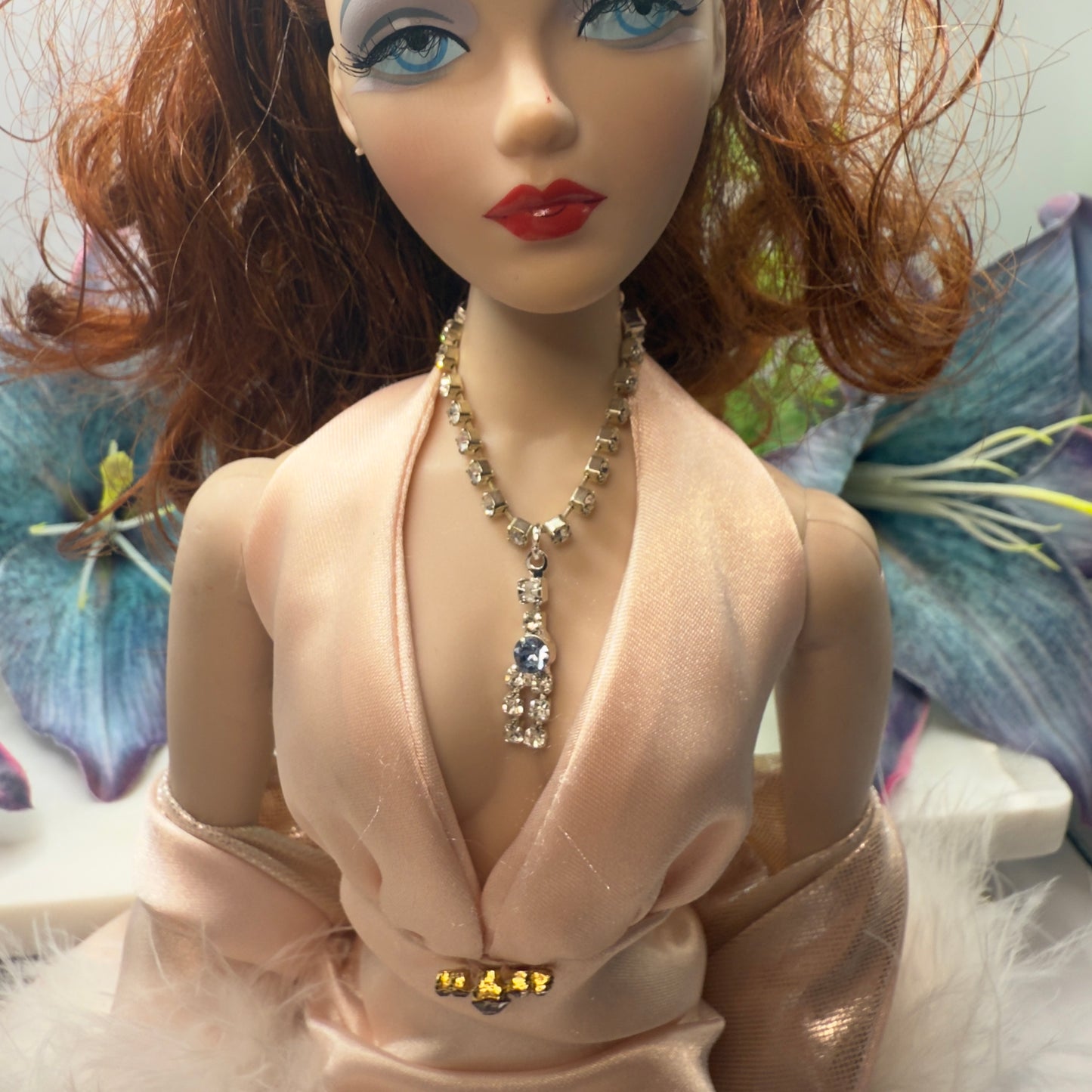 Clear & Blue Rhinestone Y-Drop Doll Necklace • 16 Inch Fashion Doll Jewelry