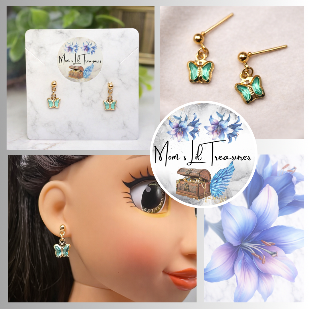 Teal Dangle Butterfly Charm Gold Post Doll Earrings • 18 Inch Fashion Doll Jewelry